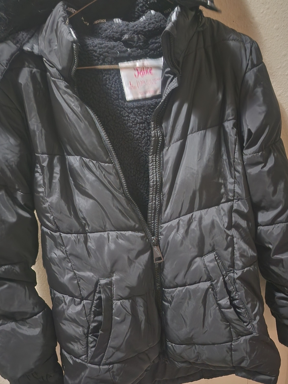 Justice Black Quilted Puffer Jacket with Sherpa Lining Dublezip L 12/14